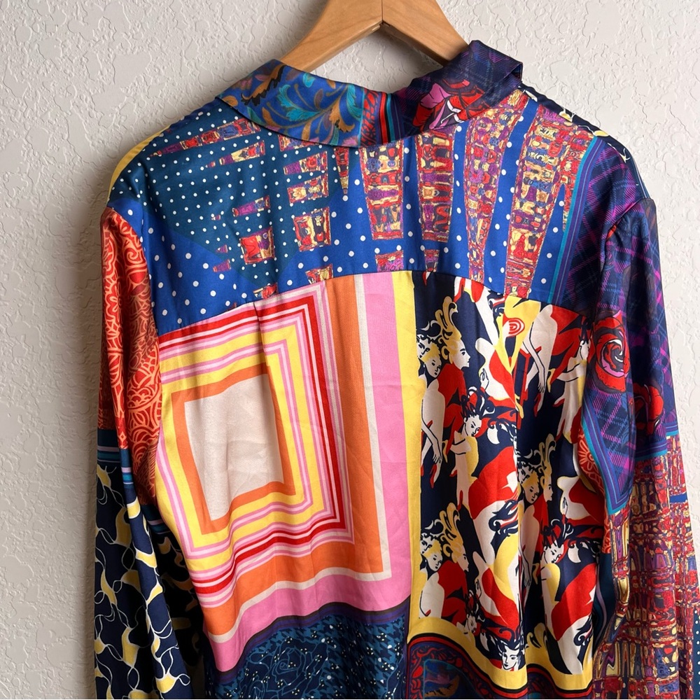 STAUD Martha Patchwork Satin Tunic Blouse L Colorblock Boho Top - Picture 10 of 13